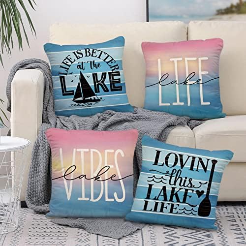 החיים של USSAP טובים יותר בכרית הזריקה הדקורטיבית של אגם מכסה 18X18 סטים של 4, ואוהבים את האגם הזה לייבס