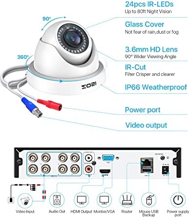 Zosi H.265+ 8CH 5MP LITE מערכת מצלמות אבטחה ביתית עם 1TB HDD ו- 8PK Dome 1080p מצלמה חיצונית, C611 3MP HD מקורה ביתי