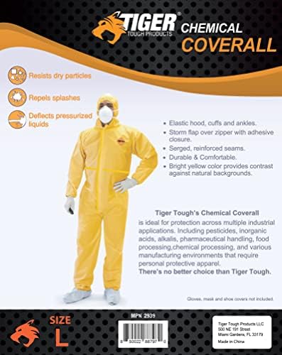 מכסים הגנה כימית של Tigertough לגברים - חליפות Hazmat עם מכסה המנוע, רוכסן ומותניים אלסטיים לשימוש תעשייתי