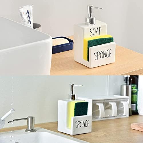 מתקן סבון סבון לומי עם מחזיק ספוג - מחזיק קרמיקה מחזיק חווה בכיור בחווה - מתקן סבון למטבח עם מחזיק ספוג - גודל 3.9x3.9x7.3in