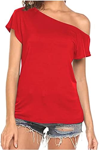 חולצות נשים בצבע אחיד צווארון אלכסוני מחוץ לחולצות כתף קיץ סקסיות טייז נוחיות קלות צמרות שרוול קצר