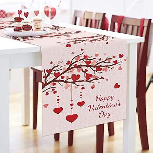 רצי שולחן ליום האהבה באורך 72 אינץ', צעיפי שידה רצי שולחן ליום האהבה שמח לחדר אוכל ענף עץ לב אהבה רץ לארוחת ערב יום נישואין