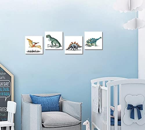 אמנות קיר דינוזאור, תמונות דינוזאור ממוסגרות לחדר שינה בנים, הדפס קנבס כפרי מודרני עבור ילד פעוטות לילדים