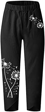 מכנסי קיץ של ווקאצ'י לנשים כיסים מזדמנים כותנה פשתן תחתית רגל רחבה שרוך מותניים אלסטיים מכנסי יבול קפריס