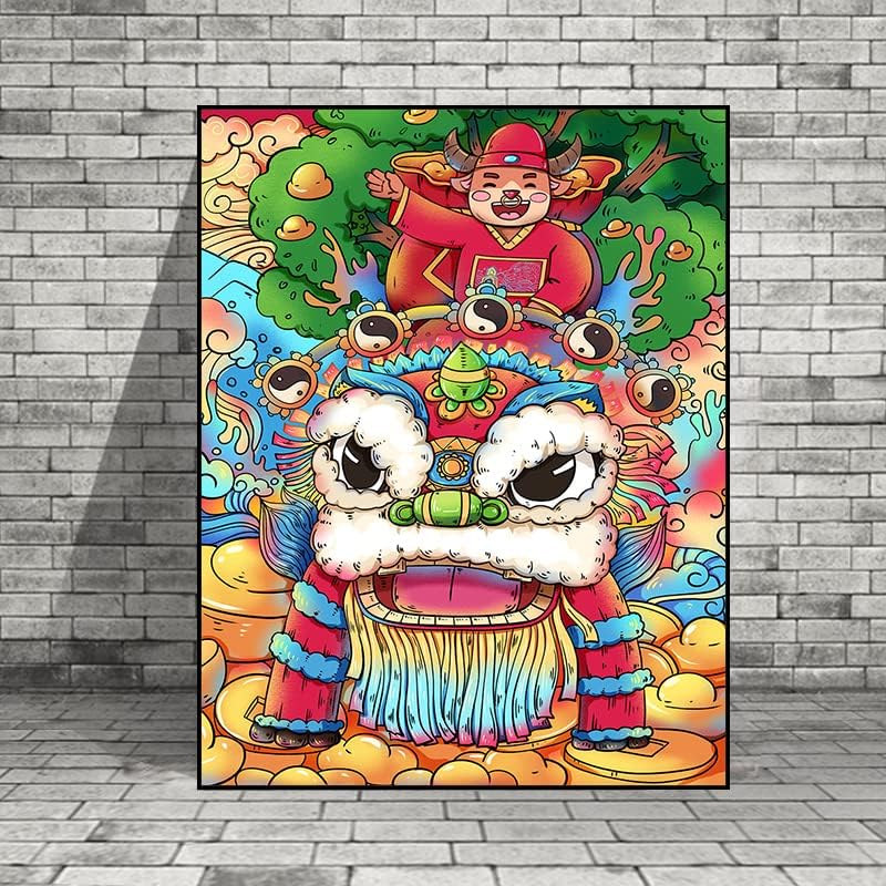 ציור דקורטיבי גאות לאומי חדש סיני אריה אריה ריקוד מלון קיר קיר דקורטיבי בציור קיר מסעדה ציור קיר חגיגי ציור 4