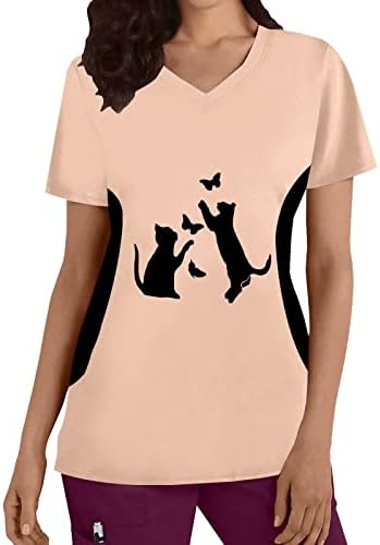 תרגיל חולצה נשים רופף נשים בתוספת גודל למעלה צווארון קצר שרוולים חתולים הדפסי לא סינטטי ארוך שרוול חולצה