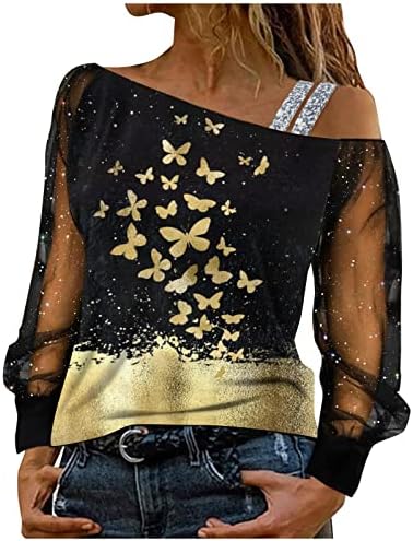 בתוספת גודל טוניקות נשים מקרית זהב פרפר הדפסת רופף שרוול חולצה רשת חולצה אחוי ארוך נשים חולצות