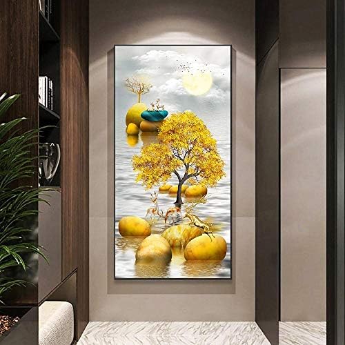 Dfgrhg מודרני מופשט אבן מוזהב עץ זהב עץ נוף קיר אמנות תמונות סלון קישוט ביתי -40x80 סמ （אין מסגרת）