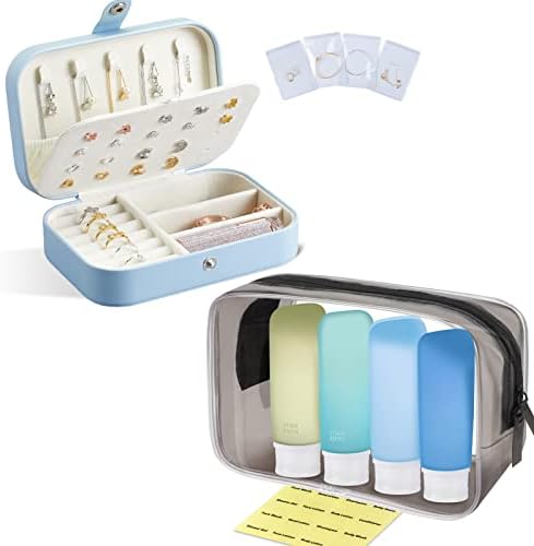 קופסת תכשיטים של Insfit עם ארבעה תיקים שקופים +3oz בקבוקי נסיעות למוצרי טיפוח מיכל סבון נסיעות למילוי חוזר