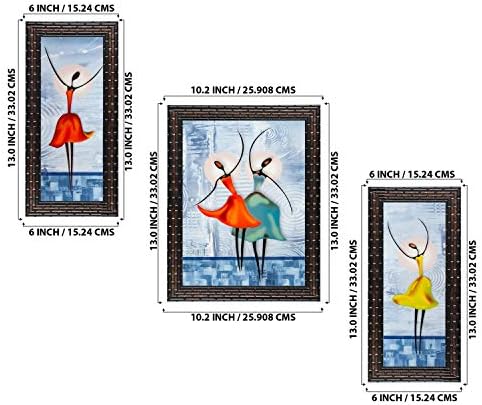 סט אינדיארה של 3 נשים רוקדות ממוסגר ציור ללא זכוכית 6 x 13, 10.2 x 13, 6 x 13 אינץ '
