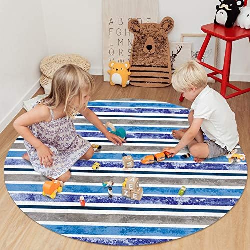 שטיח שטח עגול גדול לחדר שינה בסלון, שטיחים 4ft ללא החלקה לחדר ילדים, פס צבעוני אפור וכחול שטיחים רחיץ שטיח לחדר פעוטות