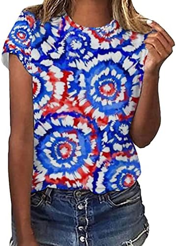 חולצות נשים מקרית קיץ נשים מקרית אמריקה דגל הדפסת צוואר קצר שרוול מוצק צבע חולצות לנשים קצר