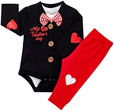תינוקת תינוקת התלבושת הראשונה של חג האהבה שלי נולד ילד עניבת פרפר רומפר רומפר + מכנסי לב בגדים 3 יחידות סט סט