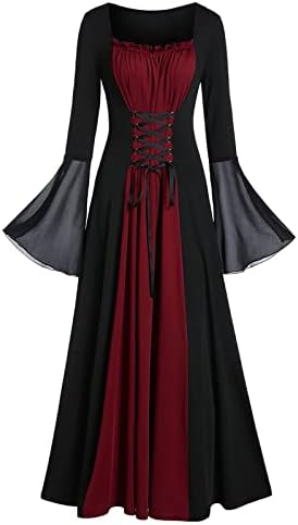 שמלות גותיות מימי הביניים של נשים 2022 שרוול פעמון רושם צוואר צוואר צלב שרוך מחוך מחוך שמלת נשף