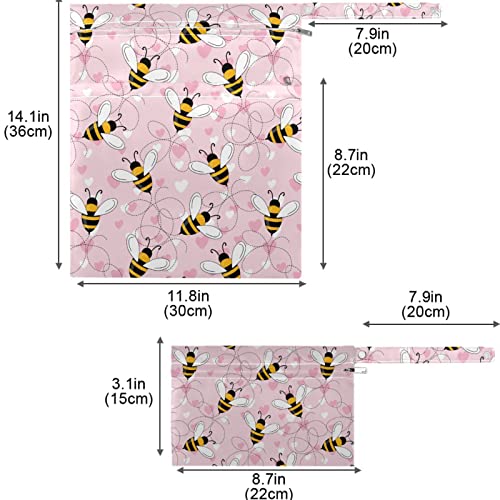Visesunnny Bee לב דפוס ורוד 2 יחידות חיתול החלפת שקיות רטובות עם כיסים עם רוכסן חיתול בד רווחים לשימוש חוזר ונשנה