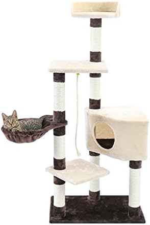 רב-רמת חתול עץ לחתולים עם מפנק מוטות יציב חתול טיפוס מסגרת חתול השריטה לוח צעצועי אפור & בז'