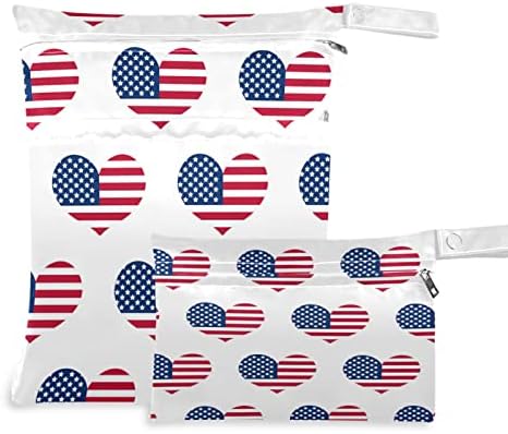 ZZXXB דגל אמריקאי אוהב לב עמיד לרטוב שקית רטובה חיתול בד לשימוש חוזר תיק יבש רטוב עם כיס רוכסן לטיולים בריכת חוף