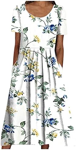 COTECRAM לנשים קיץ צוואר עגול עגול עגול שרוול קצר שמלת בוהו הדפס פרחוני מותניים שמלת מקסי שמלה מותניים עם כיסים