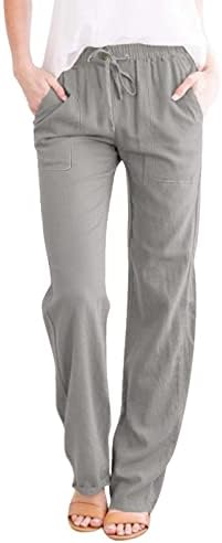פשתן מכנסיים נשים, רגיל גבוהה מותן רחב רגל קומפי שרוך כותנה פשתן מכנסיים מכנסיים עם כיסים רופף מכנסיים