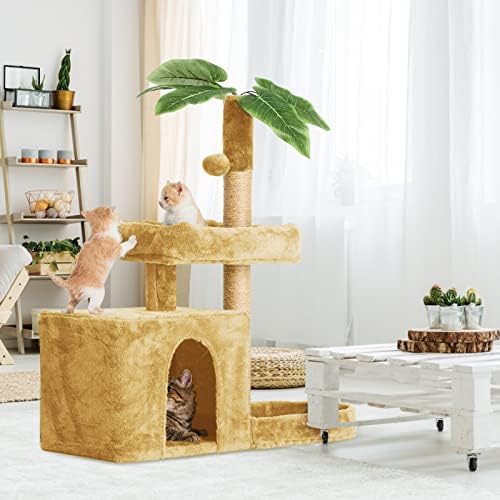 31.5 חתול עץ חתול מגדל עבור מקורה חתולים עם עלים ירוקים, חתול דירה מפנק בפלאש חתול בית עם לתלות כדור ועלים צורת