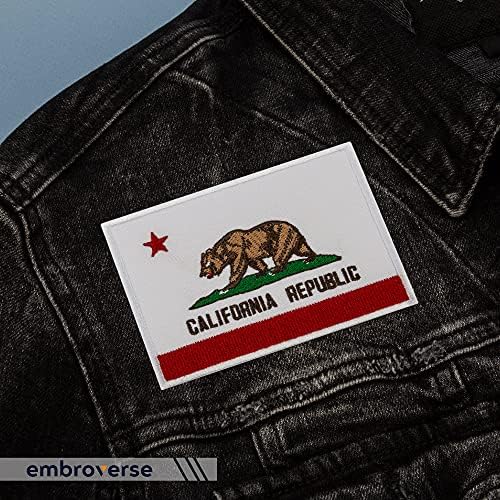 טלאי דגל מדינת קליפורניה של אמבק - דגל דוב גריזלי רקום - ברזל על טלאי סמל - גודל: 4 x 2.8 אינץ '