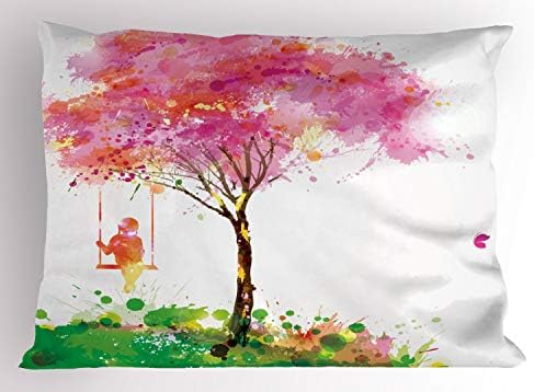 כרית האביב של אמבסון בושה, עץ פורח אביב ונערה חולמת על זיכרונות נדנדה בצבעי מים אמנות, דקורטיבי בגודל סטנדרטי כרית