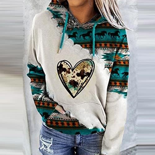 קפוצ ' ונים מקרית לנשים האצטקים מערבי סגנון אתני סוודר חולצות שרוול ארוך הדפסת גיאומטריה סווטשירט עם כיס