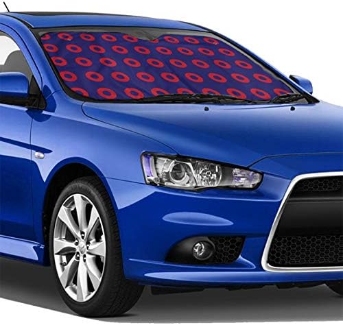 מעגלי סופגנייה אדומים של פיש על צל של השמשה הקדמית של מכונית כחולה - חוסם מגן על קרני UV קרני סאן, שמש שמש