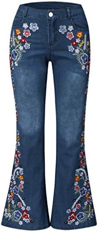 מכנסי ג'ינס אסתטיים לנשים רקמה רקמה מכוונת ג'ינס כפתור המותניים המותניים פעמון פרחוני תחתון מכנסי ג'ינס ארוכים