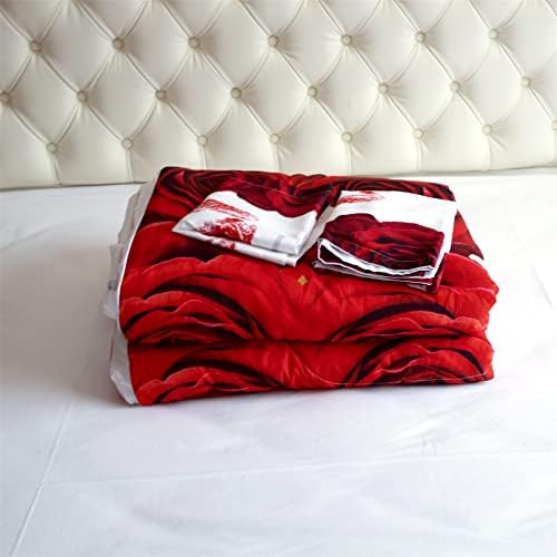 שמיכת שמיכה תלת מימדית סט קינג - אדום ולבן הדפס הוורדים סט מידה קינג סייז מיטה פרחוני עיצוב מיטה סט שמיכה עם 2 כריות