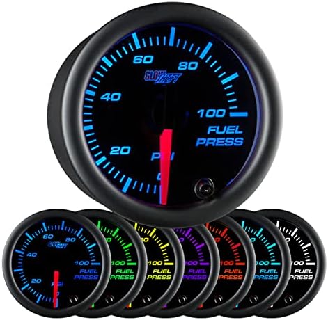 Glowshift שחור 7 צבע 100 psi ערכת מד לחץ דלק - כולל חיישן אלקטרוני - חיוג שחור - עדשה ברורה - לרכב ומשאית - 2-1/16