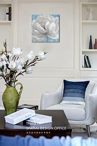 אמבטיה קיר תפאורה פרח תמונה - לבן פרחוני פריחת ציור בד קיר אמנות לחדר שינה-מופשט ציור ממוסגר וקל לתלות 12 איקס 12