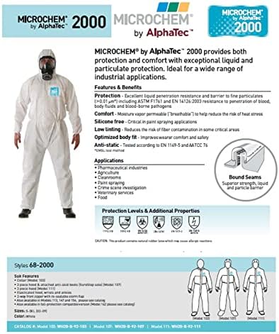 חליפות Hazmat מכוסות מכסה מכסה קפיסה חד פעמיות עמידות בפני כימיה, אלסטיות, Ansell Alphatec 682000 Unisex-Adult Industrial