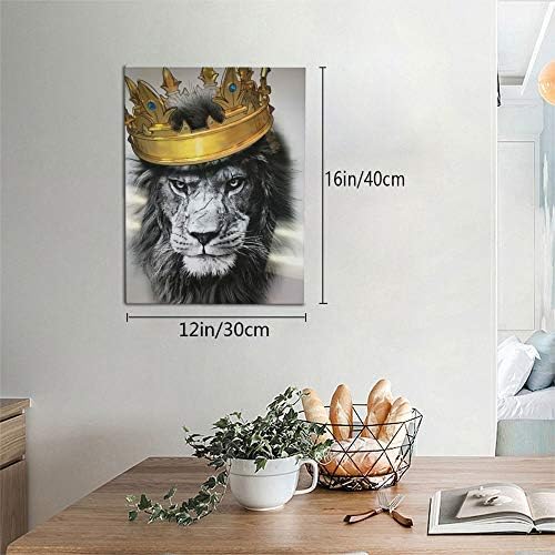 אריה שחור ולבן עם כתר קיר קיר אמנות מופשטת קינג יצירות חיות אריה ראש דיוקן דיוקן זהב מודרני ציור הדפס ביתי