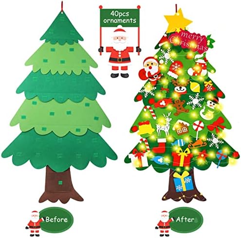 עץ חג המולד של DIY Felt לילדים קיר עם אורות, עץ חג המולד של 3.6 רגל מוגדר עם 40 קישוטי יחשב