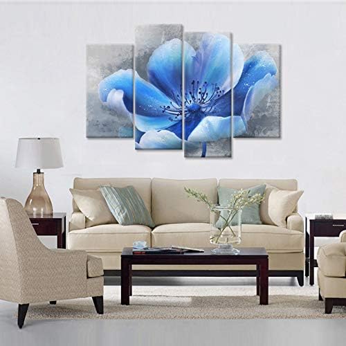 4 פנל מופשט פרחוני קיר אמנות תמונה כחול פורח פרח על אפור בציר רקע ציור על בד נמתח וממוסגר עבור חדר שינה סלון קישוט מוכן