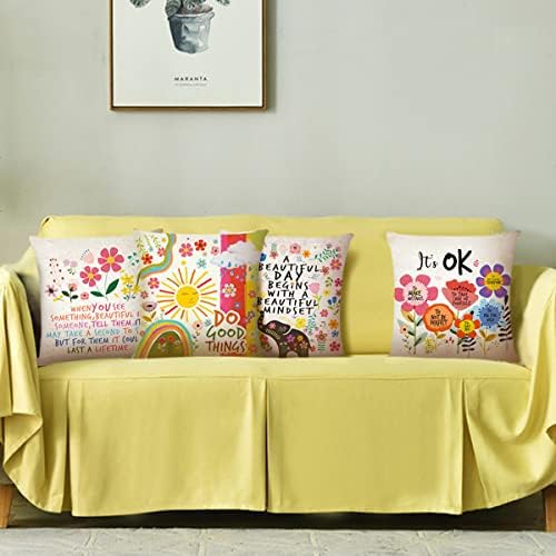 סט של ליטלפה של 4 פרחים צבעוניים זה בסדר ציטוטים מעוררי השראה זורקים כיסוי כרית, מארז כרית לנערות ספה ספה