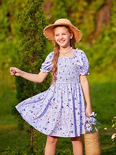 לבקה בנות כיכר צוואר לפרוע פאף שרוול פרחוני הדפסת קפלי שמלה מזדמן עבור 5-12 שנים