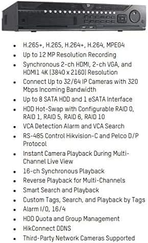HikVision DS-9664NI-I8-20TB 64 ערוץ 4K 12MP HikConnect DDNS VCA אזעקה NVR עם קלט/פלט אזעקה, תמיכה בפשיטה 0,1,5,6,10,