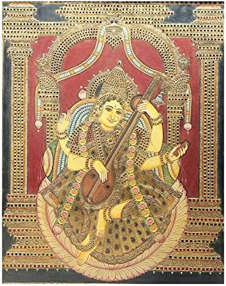 ציור אקזוטי של אלת הודו סרסווטי טנג ' ור / צבעים מסורתיים עם זהב 24 קראט / מסגרת עץ טיק / זהב ועץ