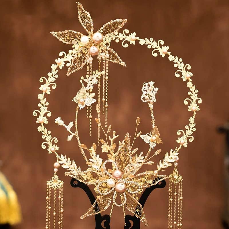 Ycfbh זרי חתונה זהב פרחים בעבודת יד חרוזים חרוזים מתכת סינית מתכת עגולה מאוורר מעריץ אביזרים לחתונה