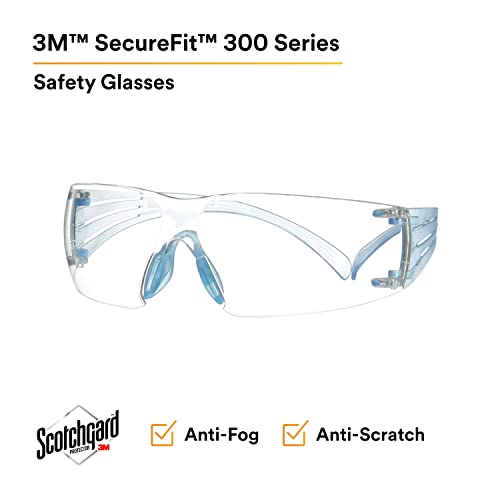 3M Securefit ™ 300 סדרה, SF302SGAF-BLU, מקדשים כחולים, ציפוי אנטי ערפל של Scotchgard ™