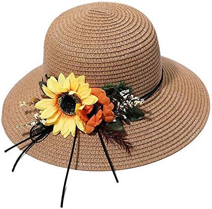 כובע קש רחב לשמש של נשים, כובע קש להגנת הקיץ, כובע חוף הגנה על קיץ ויצירה של חמניות.