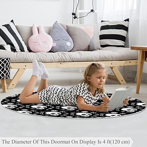 Llnsupply שטיח ילדים 4 רגל שטיחים שטחיים עגולים גדולים לבנות בנים תינוק - גולגולת ופרחים דפוס_