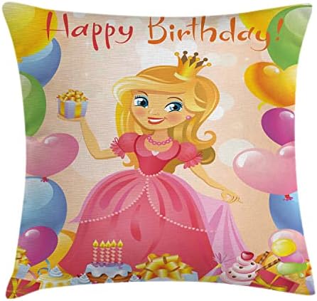 כיסוי כרית כרית של כרית יום הולדת של אמבסון, נערת יום הולדת מצוירת תמונה עם תמונת לבבות ובלונים, מארז מבטא מרובע