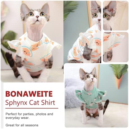 Bonaweite Sphynx חתולים חסרי שיער שמלת דפוס תות חמוד עם שרוול נפיחות, חתול כותנה נושם ללבוש בגדים חצאית חולצה לקורניש רקס,