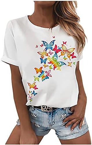 קיץ חולצות לנשים צבעוני פרפר הדפסת חולצת טי קצר שרוול צוות צוואר גרפי טי חולצות חג מזדמן חולצה
