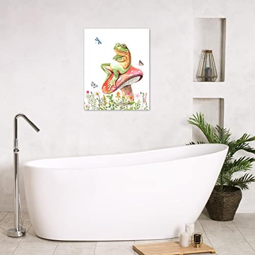 LB פטריות צפרדע קיר קיר קיר, פרחים ועלים ירוקים עם אמנות בד פרפר, צפרדע מצחיקה על עיצוב קיר פטריות לסלון חדר