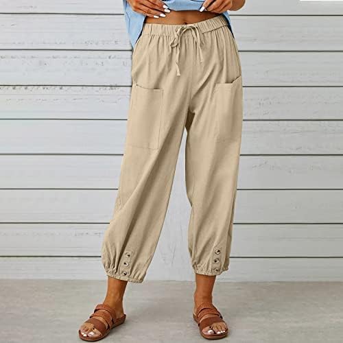 קיץ מכנסיים לנשים, נשים 2023 רך מזדמן שרוך עניבת אלסטי מותניים מזדמן רופף מכנסי טרנינג פשתן מכנסיים