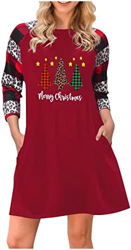 נשים של חג המולד הדפסה מזדמן פשוט ארוך שרוול חולצה רופף שמלה עגול צוואר אונליין שמלה מזדמן